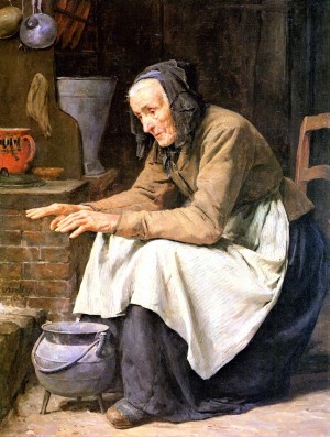 An old woman warming up